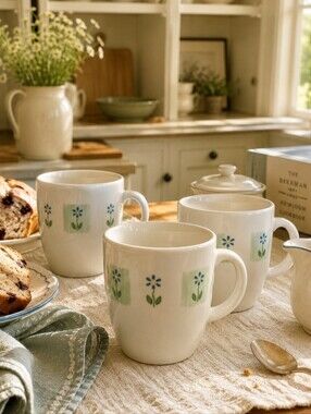 VTG Pfaltzgraff Cloverhill Floral Mug Set of 3 USA 1994 Blue Daisy Cottagecore